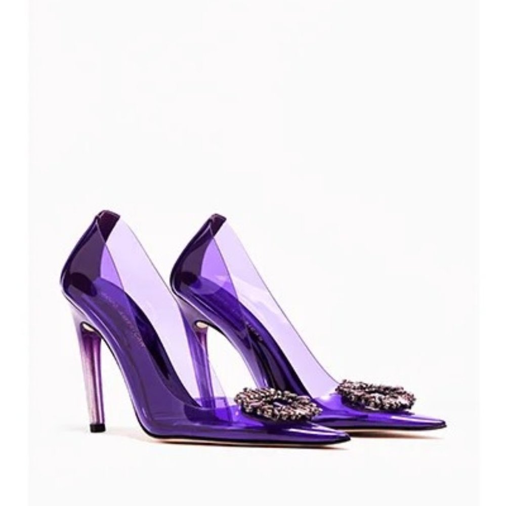 Good American Cinderella Lucite Pumps Purple Jeweled Pointed Toe Size 7 New